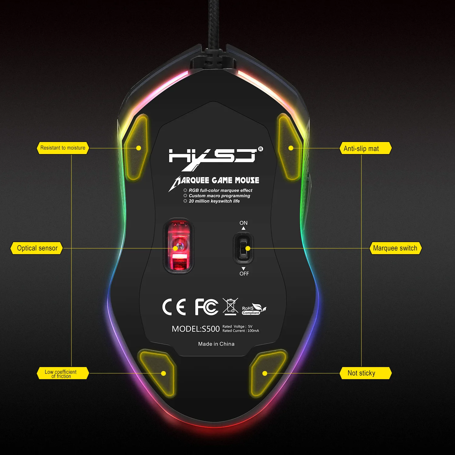 Hongsund RGB Проводная игровая мышь с разрешением для макросъемки USB 6 кнопок 4800DPI