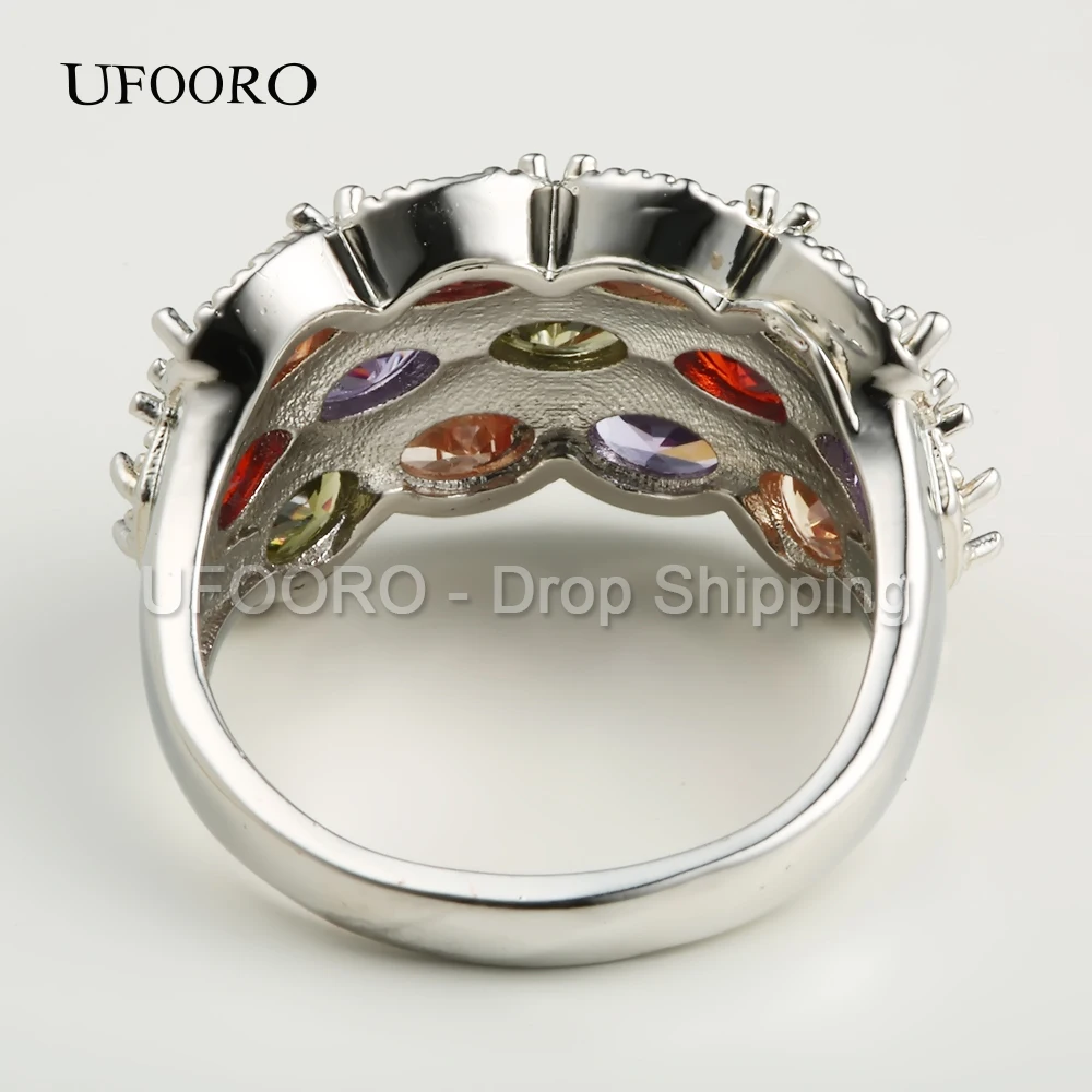 Женские обручальные кольца UFOORO rainbow роскошные посеребренные с цветным