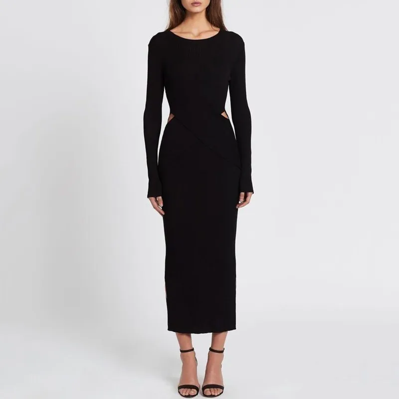 black TWOTWINSTYLE вязаное женское платье с круглым вырезом и длинным рукавом, выдалбливают талию платья с перекрестными лямками для женщин Весенняя Повседневная модная одежда - Цвет: black