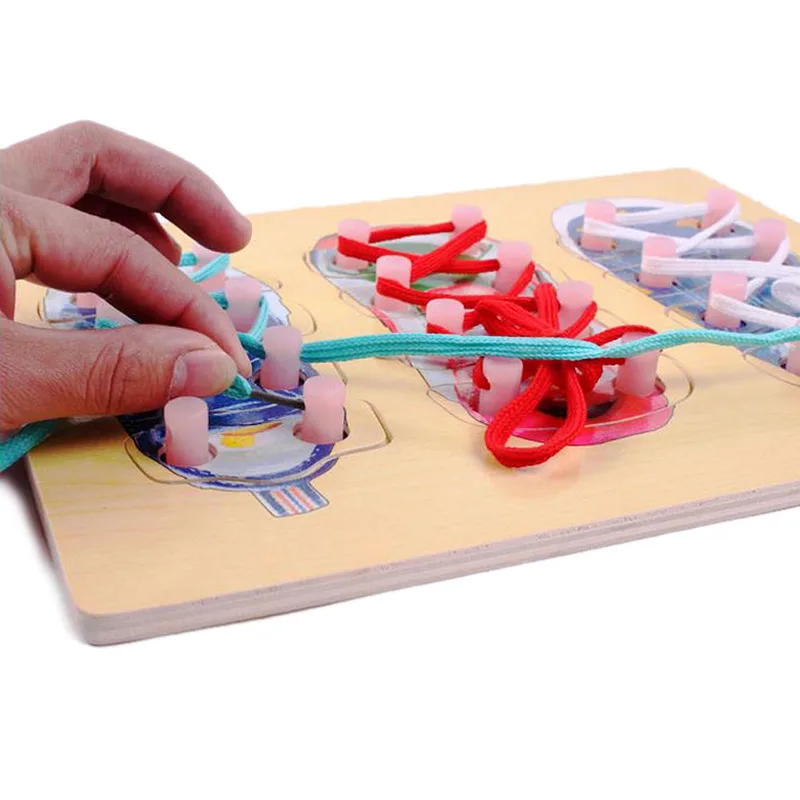 

Montessori Educational Toy Wooden Threading Board Early Learning Kids Puzzle Coordination Skill Exercise Lace Up Shoes Toy