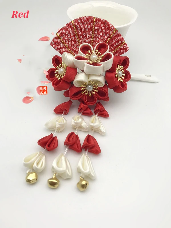Новое японское кимоно Sakura ручной работы, аксессуары для волос для девочек, заколка с украшениями, розовый/красный/синий/желтый