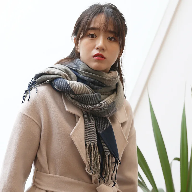 

Scarves Women Plaid Tassel Knitted Faux Cashmere Winter Warm Womens Scarfs Simple All-match Kawaii Trendy Students Shawls Lovely