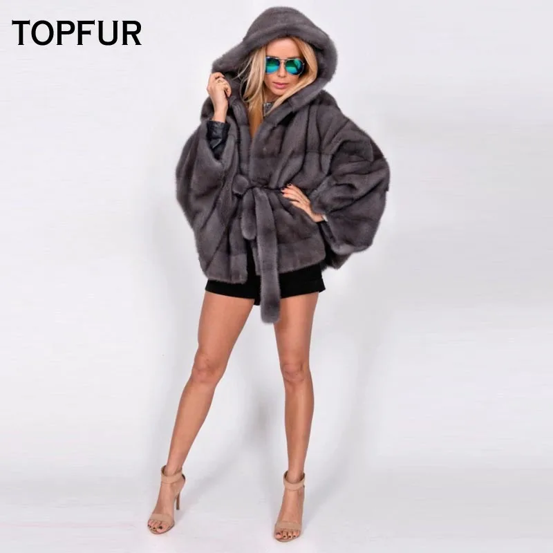 TOPFUR 2021 New Fashion Winter Short Coat Real Fur Coat For Women Natural Mink Fur Outerwear & Coats With Hood Loose Jackets