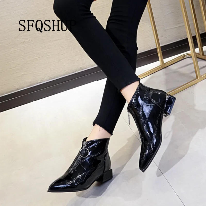 SFQSHUP Women Fashion Block Heel Ankle Boots Autumn Female Patent leather Zipper Pointed Toe Pumps Ladies Party Footwear | Обувь