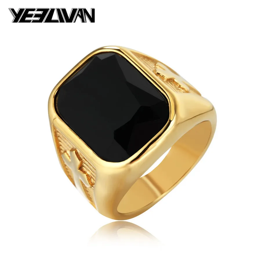 

New Luxury Simulated Gem Stone Cross Men's Ring Fashion Punk Red Black Stone Gold Steel Big Biker Rings for Men Power Best Gifts