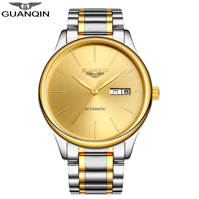

GUANQIN Watch Men Automatic Gold Watch Business Simple Clock Men Stainless steel Date waterproof Hollow Mechanical Wristwatches