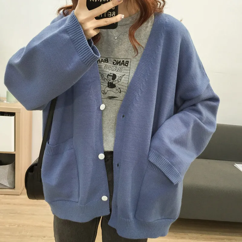 2019 свободный большой размер женский свитер с v образным вырезом вязаный кардиган