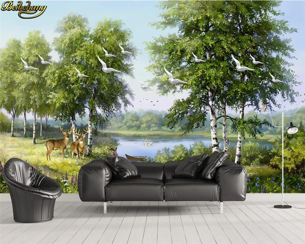 

beibehang Custom photo wallpaper mural hand painted green forest lake elk background wall painting wall papers home decor