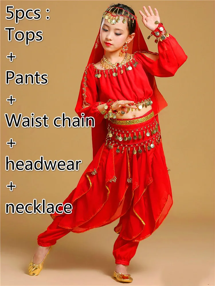 5pcs red Новая детская одежда для индийских танцев платье для выступлений танец живота Национальный Болливуд танцевальные костюмы для девочек Одежда для танца живота комплект одежды - Цвет: 5pcs red