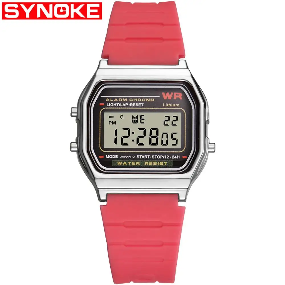 silver and rose red SYNOKE мужской квадратный светодиодный цифровые часы пластиковые плавательные спортивные черные водонепроницаемые мужские часы дисплей наручные часы ударопрочный - Цвет: silver and rose red