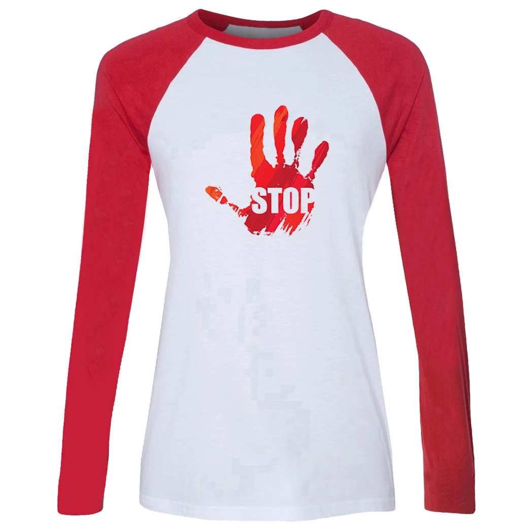 Женская футболка с принтом Red stop hand gestutes Terror отпечаток крови NORTHERN SOUL KEEP THE FAITH белая