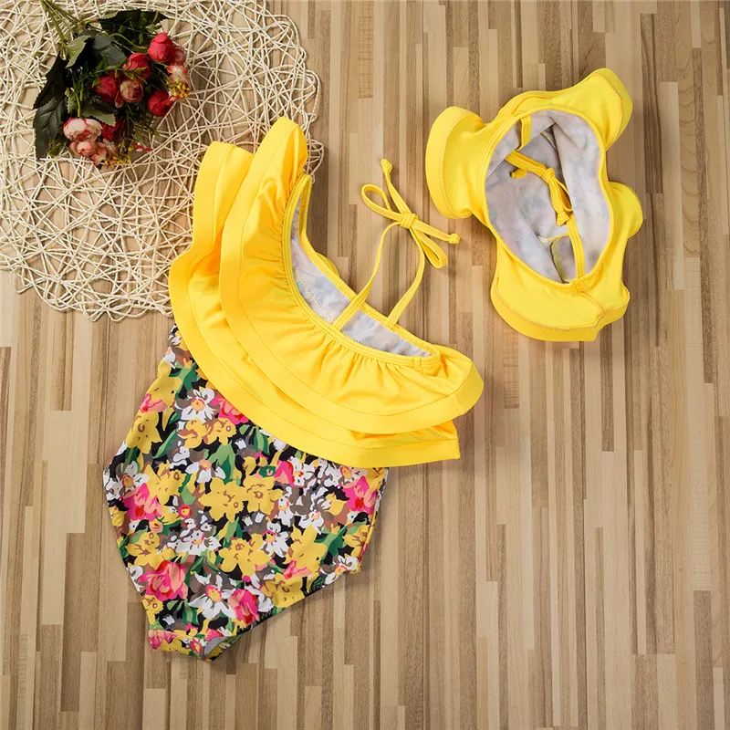 Baby Girl Swimsuit Bikini One Piece Summer Yellow Floral Printed Swimwear Jumper Jumpsuit+Hat 2Pcs Outfit Children Swimsuit