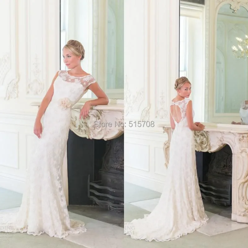 

Charming Sexy Blackless Bridal Gown Lace Scoop A line Court Train Lace Wedding Dresses With Flower Sash Bridal Gowns