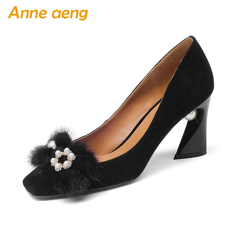 

New Spring/Autumn Genuine Leather Women Pumps Pearl High Strange Heels Pointed Toe Sexy Office Ladies Women Shoes Black Pumps