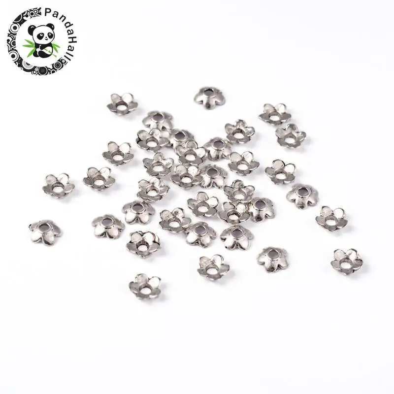 

Antique Silver Color Plated Tibetan Silver 5-Petal Flower Bead Caps, Lead Free & Cadmium Free, about 6.5mm long, 6.5mm wide, 2mm