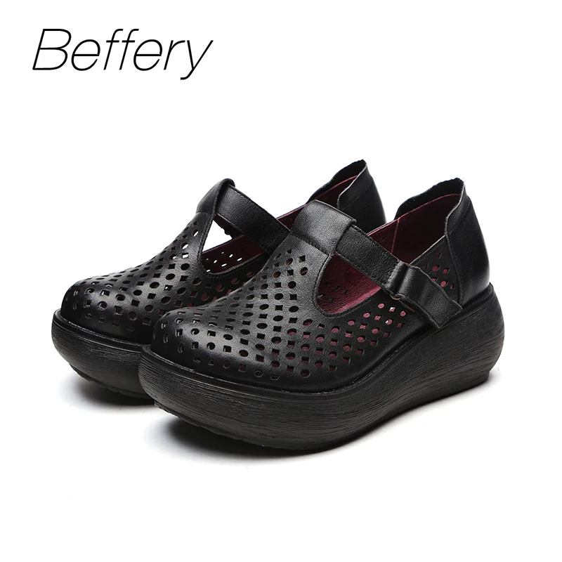 Beffery 2018 Summer Style Genuine Leather Women Shoes Super-soft Round toe Flat platform Thick bottom Casual | Обувь