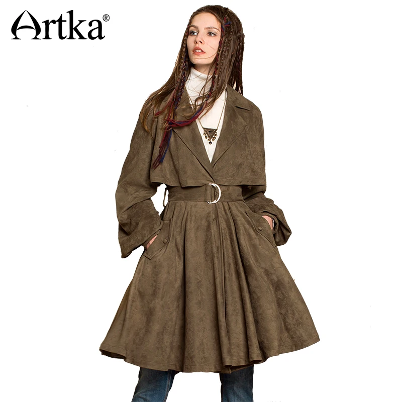 ARTKA, Осенний Женский Тренч, рукав-фонарик, женский длинный Тренч, замшевое пальто, элегантный Тренч, женская Свободная верхняя одежда, WA10272Q