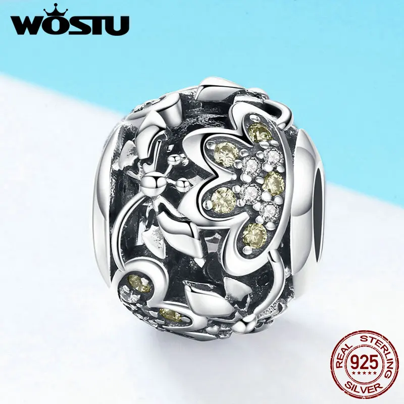 WOSTU, лидер продаж, 925 пробы, серебряный, милая Стрекоза и цветок, круглая бусина, подходит для оригинального браслета, подвеска, сделай сам, ювелирное изделие, FIC822