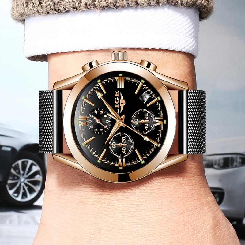 2019LIGE men's watch new luxury brand fashion sports quartz stainless steel mesh strap dial date clock | Наручные часы