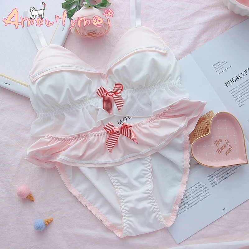Японский аниме косплей Лолита Темно-синие нижнее белье наборы Kawaii молочный Шелковый бюстгалтер и трусики Мягкое Нижнее белье наборы