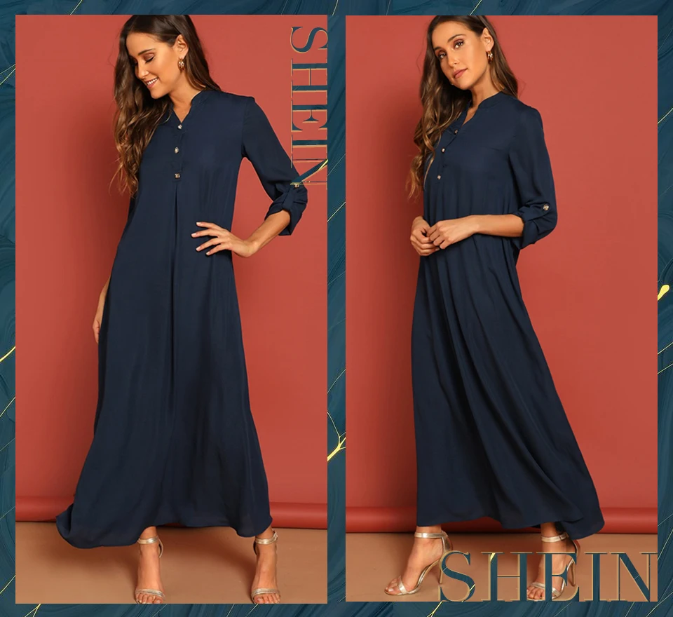 SHEIN Длинное Платье На Пуговицах С Оригинальным Рукавом, Элегантное Офисное Макси Платье С Длинным Рукавом