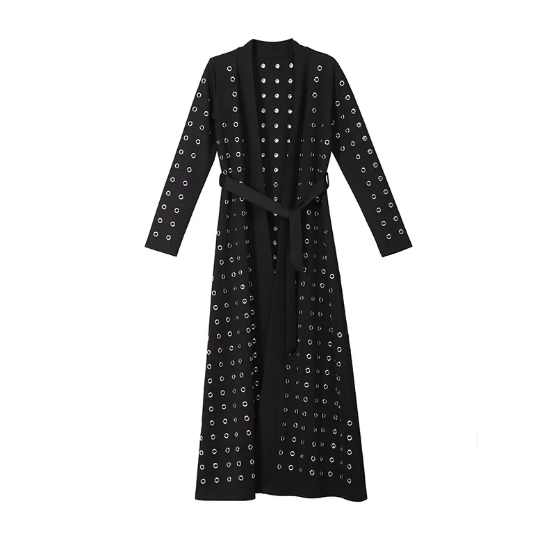 WHITNEY WANG 2018 Autumn Fashion Streetwear Pajamas Style Metal Rings Hollow Out LongTrench Coat Women Outwear coat WW-1948 | Женская