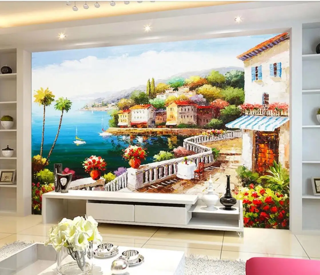 

3D Custom Photo Modern Greece Aegean Sea Castle Landscape Mural Wallpaper Roll Wall Decor TV Background Living Room Canvas