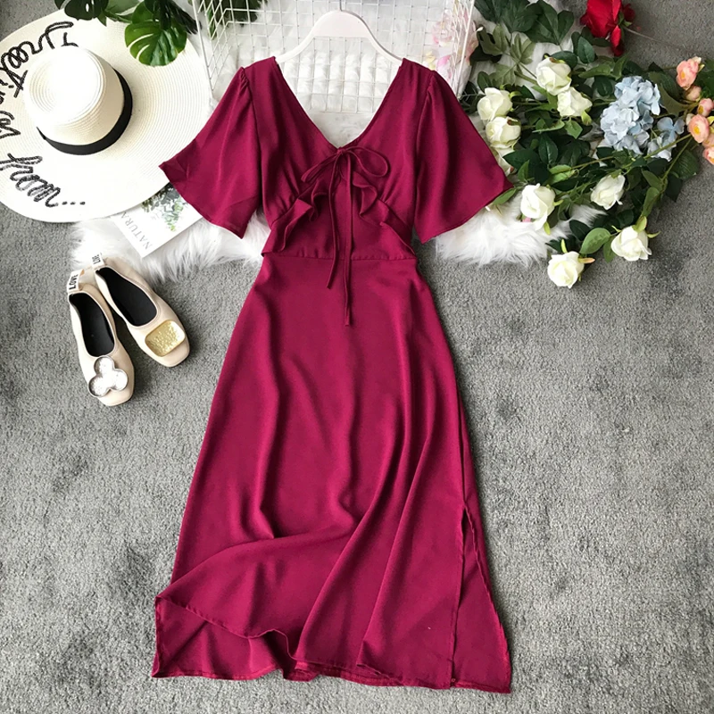 2019 новое летнее платье Для женщин V шеи короткий рукав свободные темперамент Мода