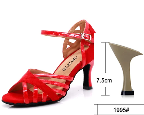 red heel 7.5cm WUXIJIAO танцевальная обувь для латиноамериканских женщин ПУ+ замша Сальса Танцевальная обувь блестящая Профессиональная Обувь для танцев бальные мягкие туфли - Цвет: red heel 7.5cm