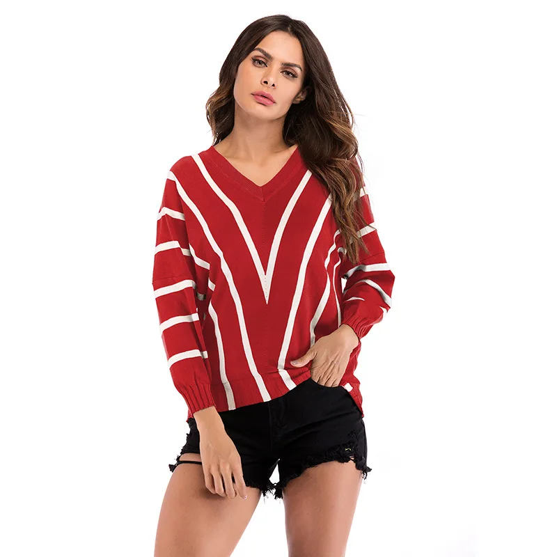 Полосатый свитер женские пуловеры вязаный классический джемпер с v-образным
