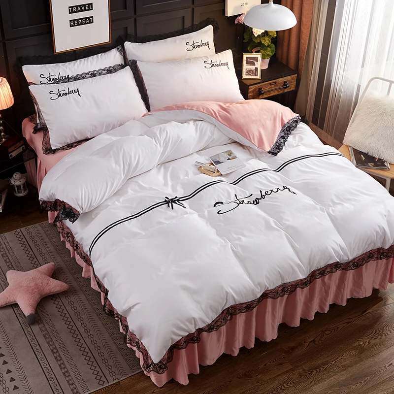 

Комплект постельного белья из 4 предметов, зимняя зеленая наволочка, юбка для кровати, с бантом, однотонный черный сексуальный кружевной кра...