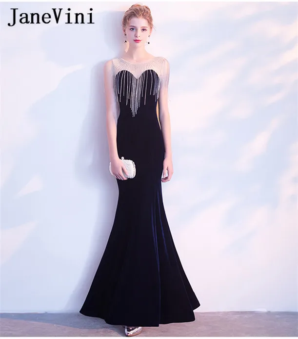 JaneVini вельветовые темно-синие длинные Русалочки из бисера прозрачные платья для