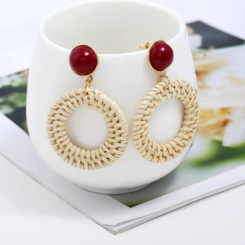 YAOLOGE Unique Rattan Weaving Earrings Bohemian Style Openwork Round Vintage Statement Jewellry For Women Party Jewelry | Украшения и