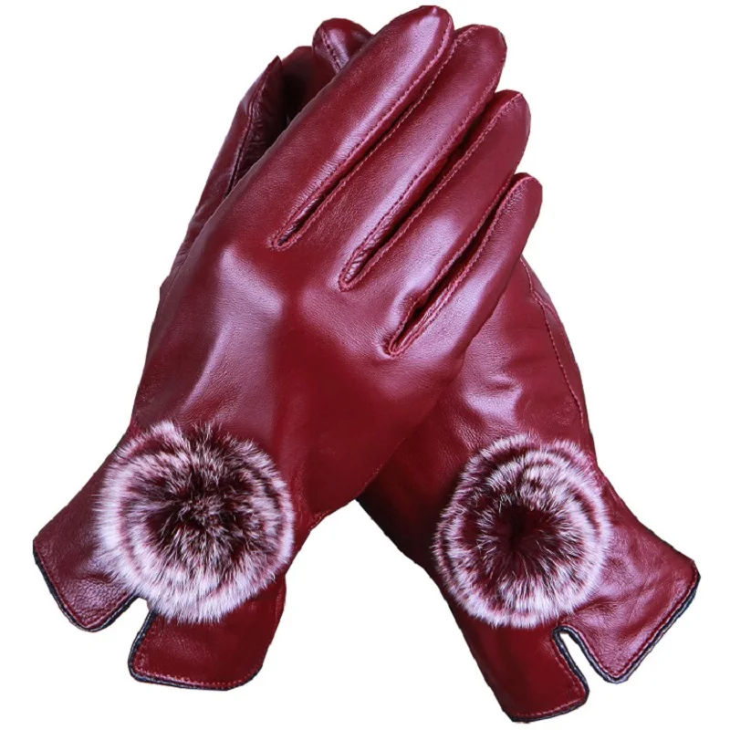 

Ladies Leather Gloves Winter Thick Warm Rabbit Hair Outdoor Driving Riding Plus Velvet Sheepskin Gloves Manufacturers Wholesale