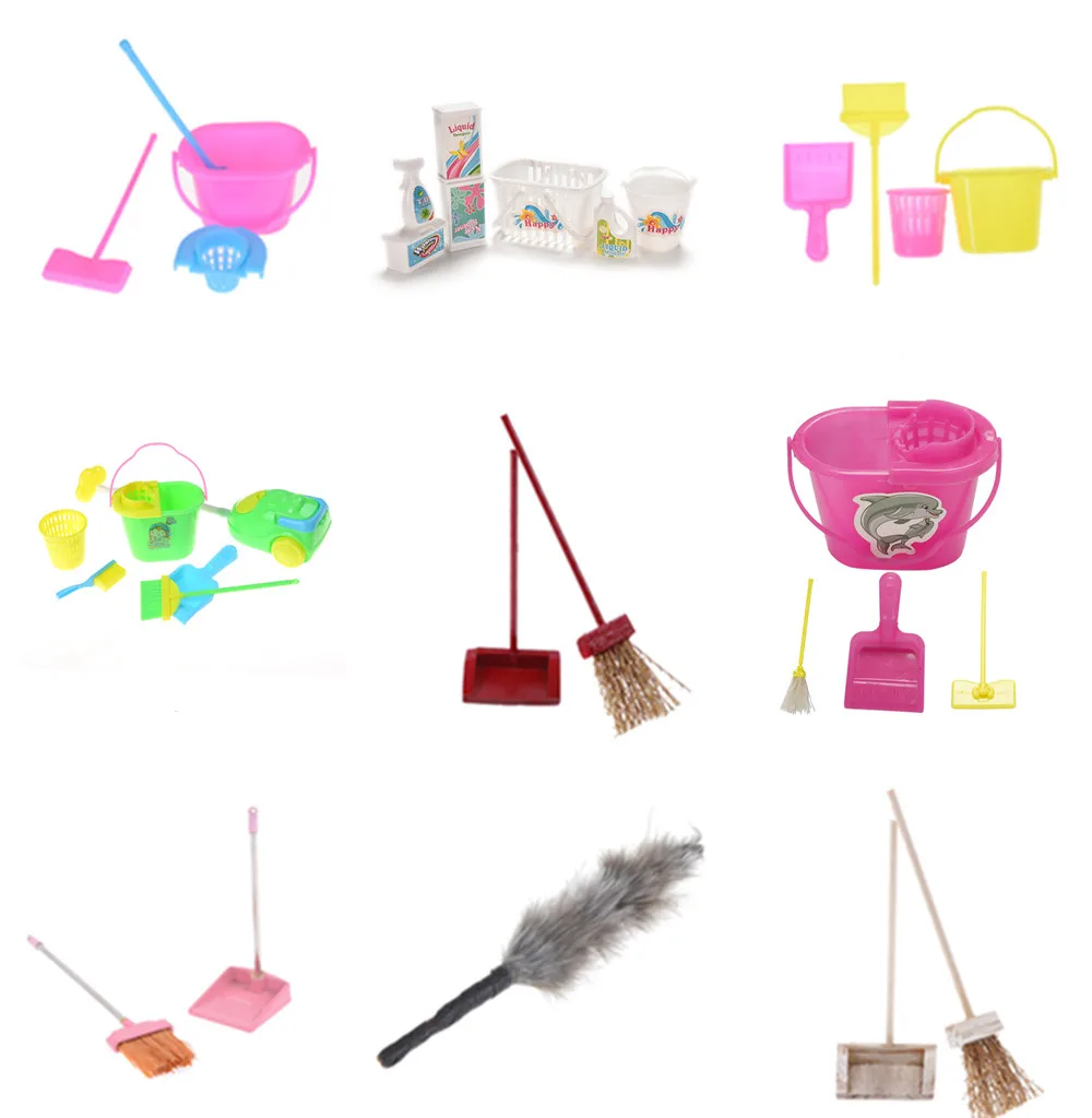 

1/12 Scale Miniature Mop Dustpan Bucket Brush Housework Cleaning Tools Dollhouse Garden Accessories for Dolls