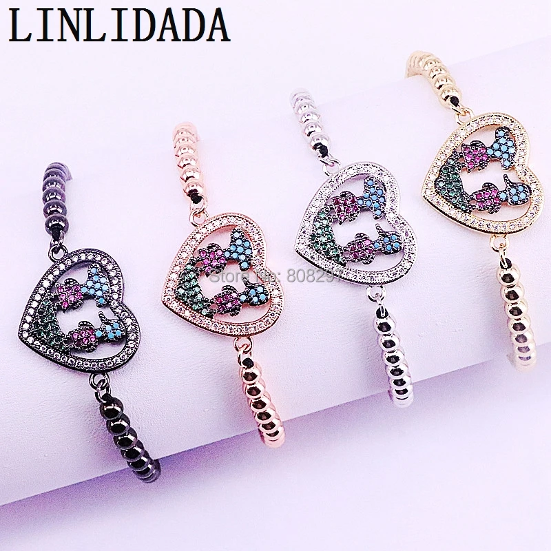 

6Pcs Trendy Micro Pave CZ zircon Heart Shape& 4mm Round Beads Braiding Macrame Bracelet For Men Women