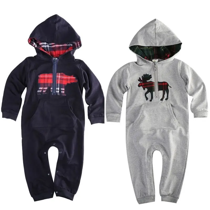 Новый милый серый и синий комбинезон с длинными рукавами капюшоном для маленьких