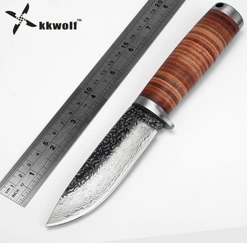 KKWOLF нож из высокоуглеродистой стали имитирующий дамасский 58 HRC кованый охотничий