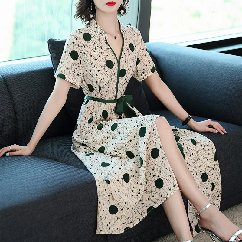 Женское шелковое платье с принтом свободное Mxi высокой талией и волнистым