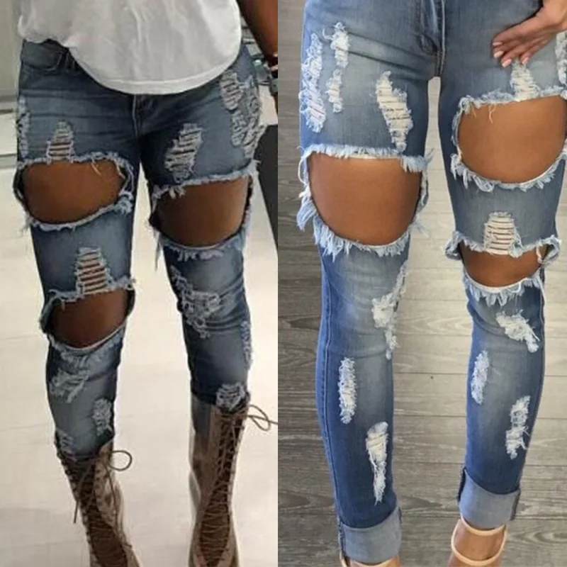 

Dilusoo Women Sexy Holes Jeans Pants Ripped Streetwear Denim Pencil Pants Women's Casual Jeans Denim Trousers Female Pants 2018