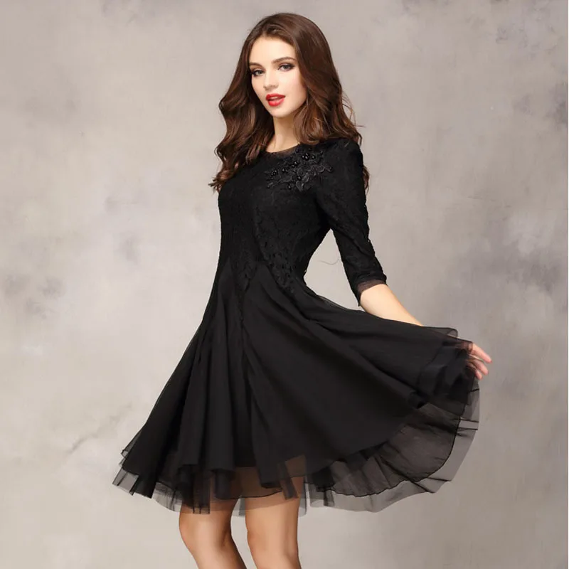 2017 весеннее летнее женское модное платье из органзы длиной до колена с кружевным