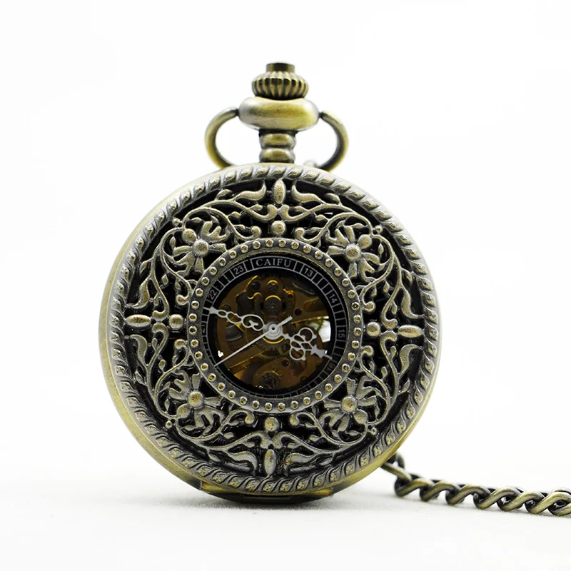 Antique Steampunk Hollow Pattern Mechanical Pocket Watch Bronze Vintage Gentleman Fob Chain Men's and Women's Watch Gift