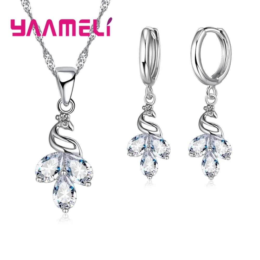 Fashion Design Jewelry Sets For Women 925 Sterling Silver Cute Peacock Pendant Necklace Earrings Free Shipping free shipping crystal pendant necklace earrings ring cubic zircon trendy party 925 sterling silver jewelry sets women new design