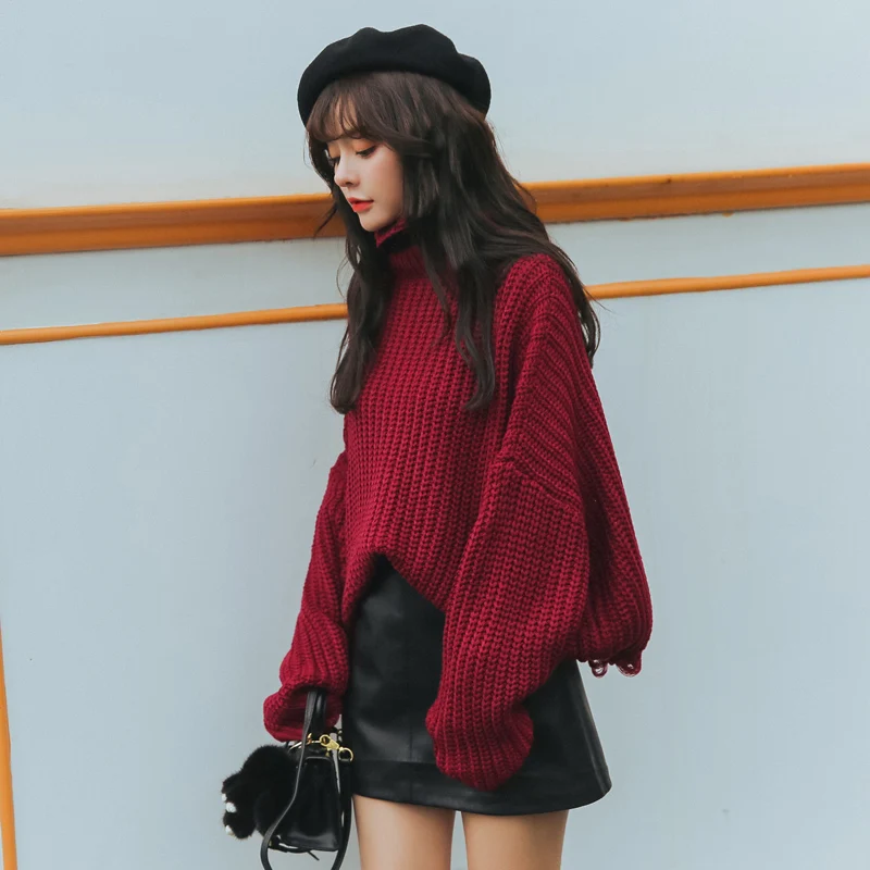 Wholesale 2020 autumn winter thick cuffs hem hole loose turtleneck Pullovers solid color batwing sleeve irregular sweaters nice | Женская