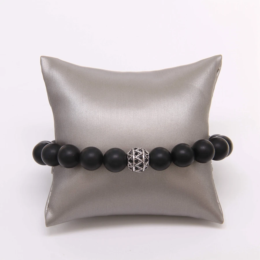 

Thomas Black Obsidian Matted and Zigzag Beads Elastic Bracelet, European Rebel Heart Style Jewelry For Men TS B179