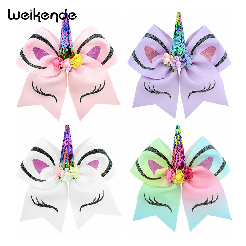 7 Inch Large Hair Bow Children's Unicorn Hairpin Horn Bronze Flip Sequin Tie Handmade DIY Rainbow Bow-knot | Детская одежда и
