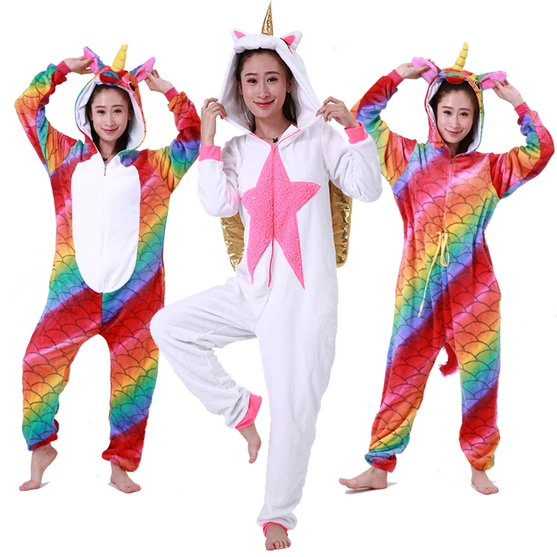 Pink Unicorn Pajamas Sets Flannel Animal Winter Nightie Stitch unicornio Sleepwear for Women Men Adults | Женская одежда