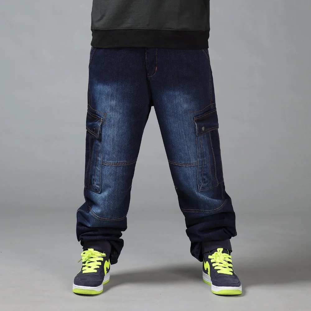 Mens Baggy Cargo Jeans with Side Pockets Men Autumn Winter Hip Hop Skateboard Pants Men Casual Loose Hiphop Wide-legged Pants