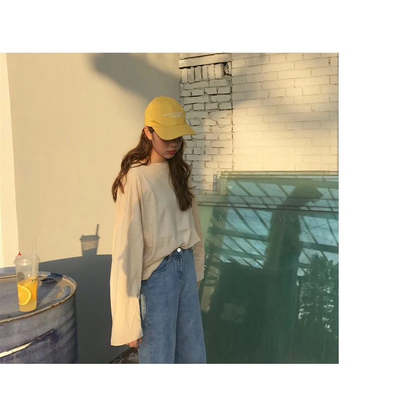 Футболки HARAJUKU женские Простые Топы шикарные свободные модные мягкие женские s рубашка для отдыха Корейская Классическая однотонная женская футболка с длинным рукавом