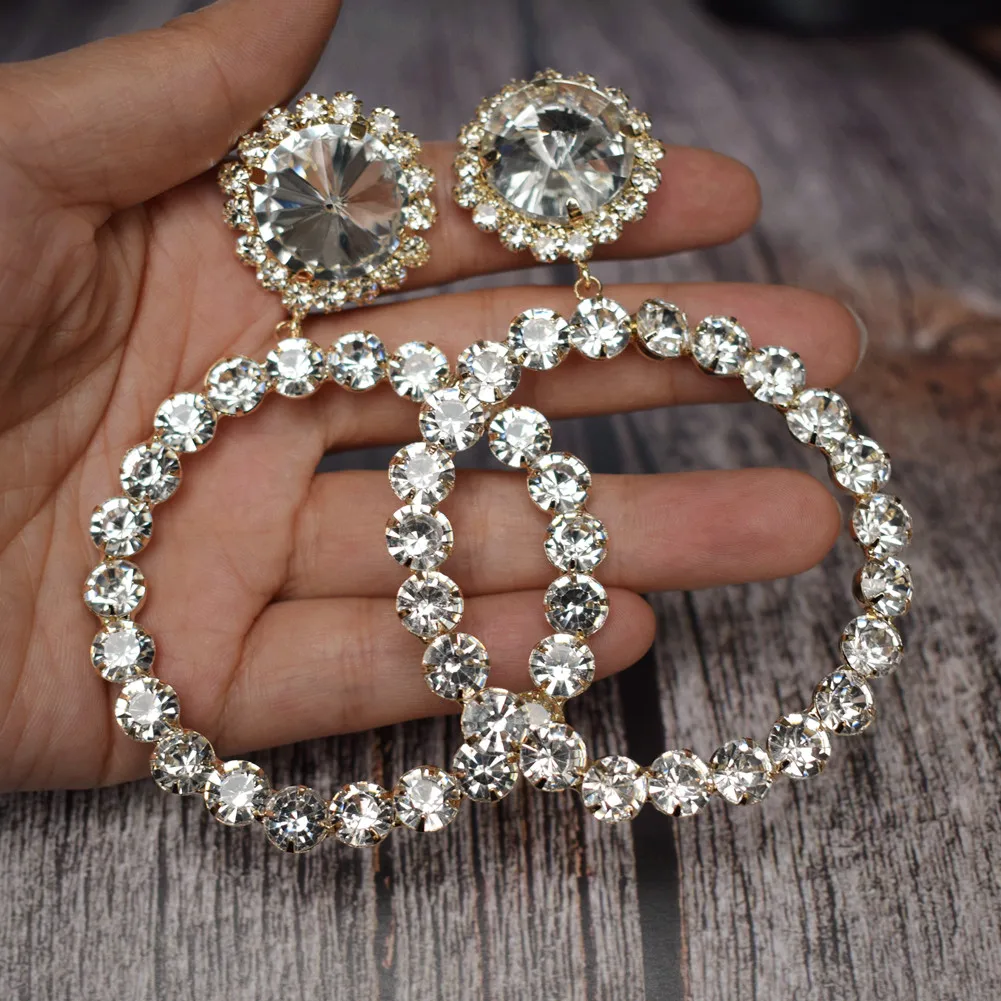 Boutique Super Shiny Crystal Gems Big Circle Dangle Earrings For Women Jewelry Fashion Show Statement Accessories | Украшения и